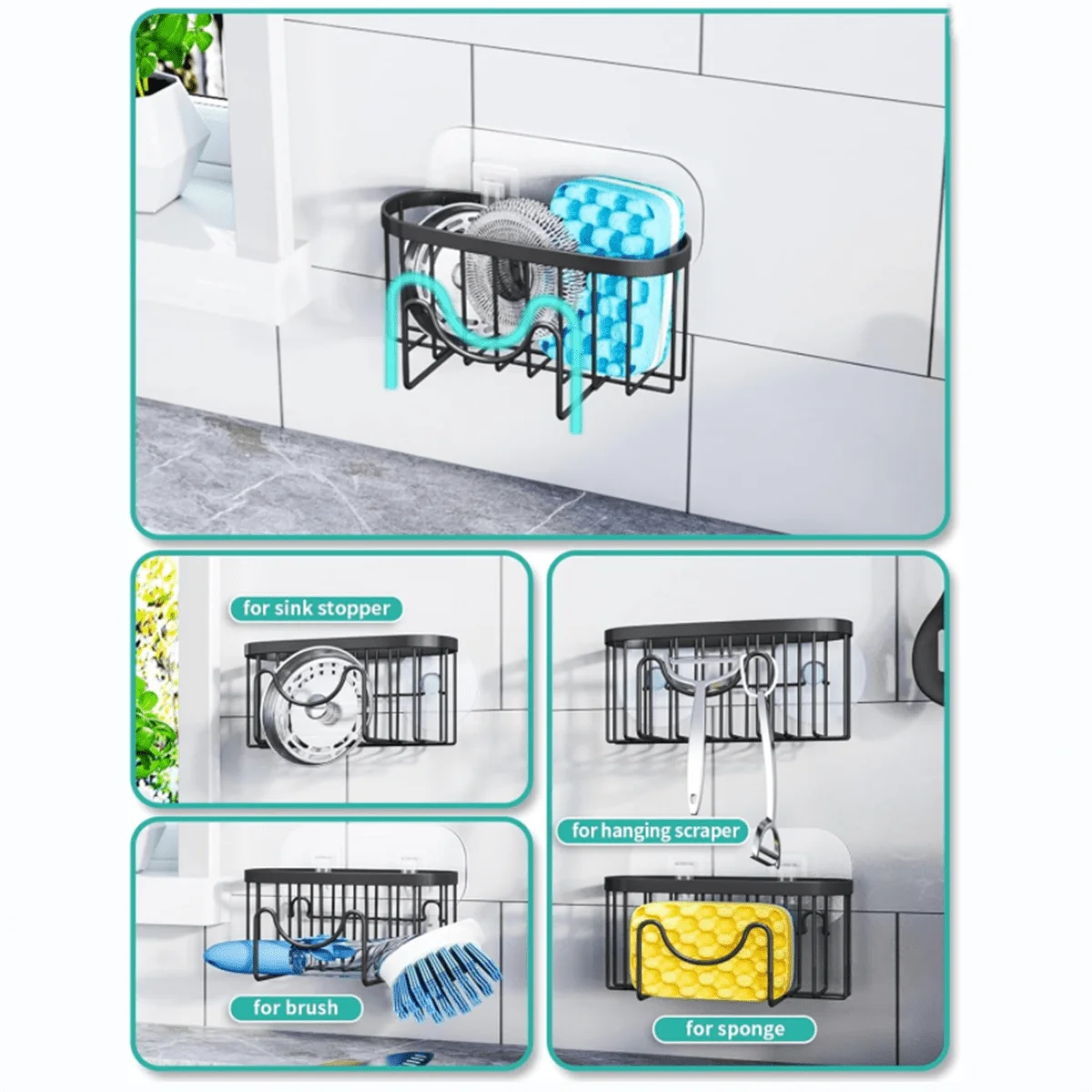 Multifunctional Sponge Holder With Unique M-Shaped, Two Installation Methods Kitchen Sink Organizer, Rustproof Stainless Steel Sink Caddy For Sponge, Brush, Sink Stopper And Scraper