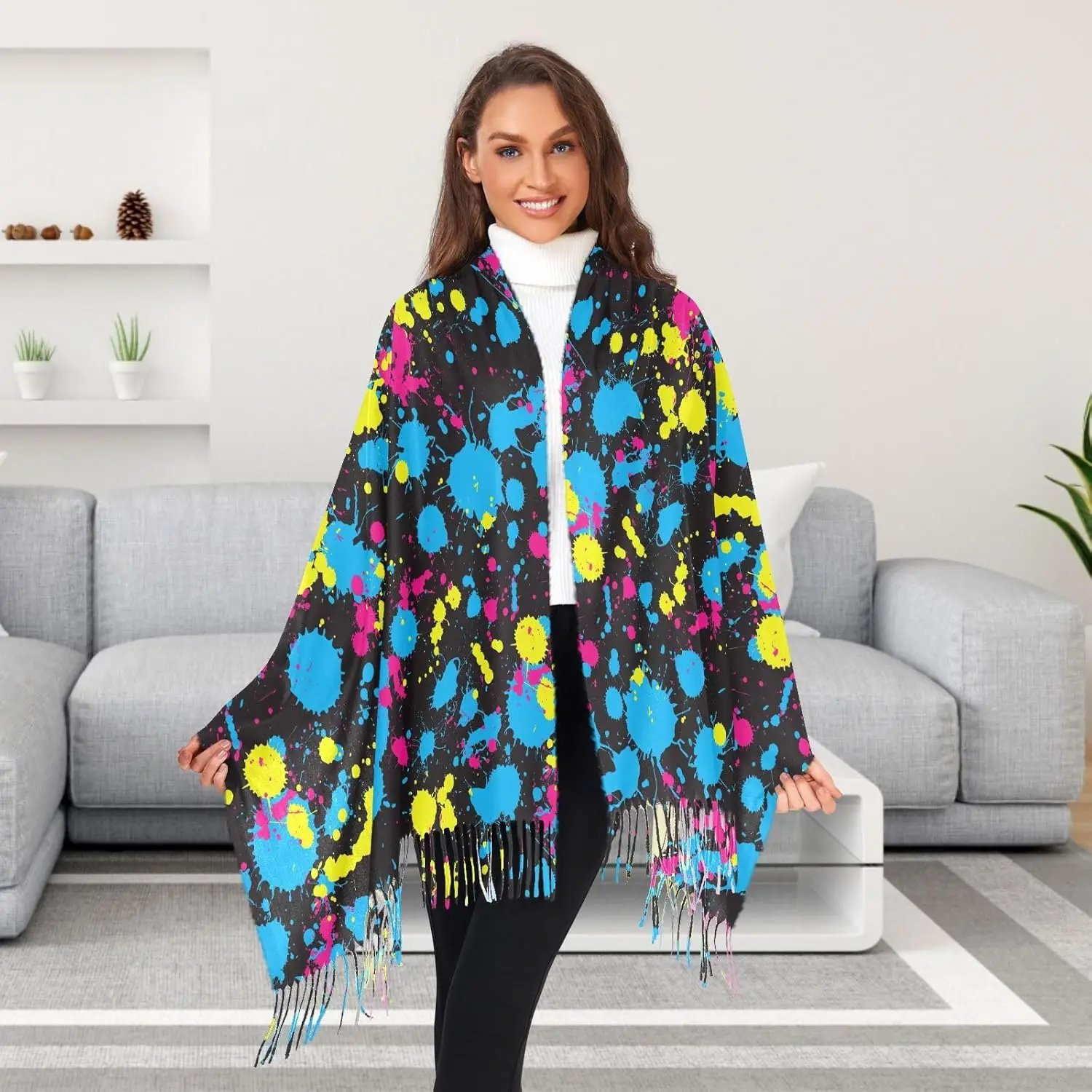 

Акварельный женский шарф с принтом брызг краски, пашмина, шали, накидки, осень-зима, теплые большие шарфы, длинный шарф с кисточками