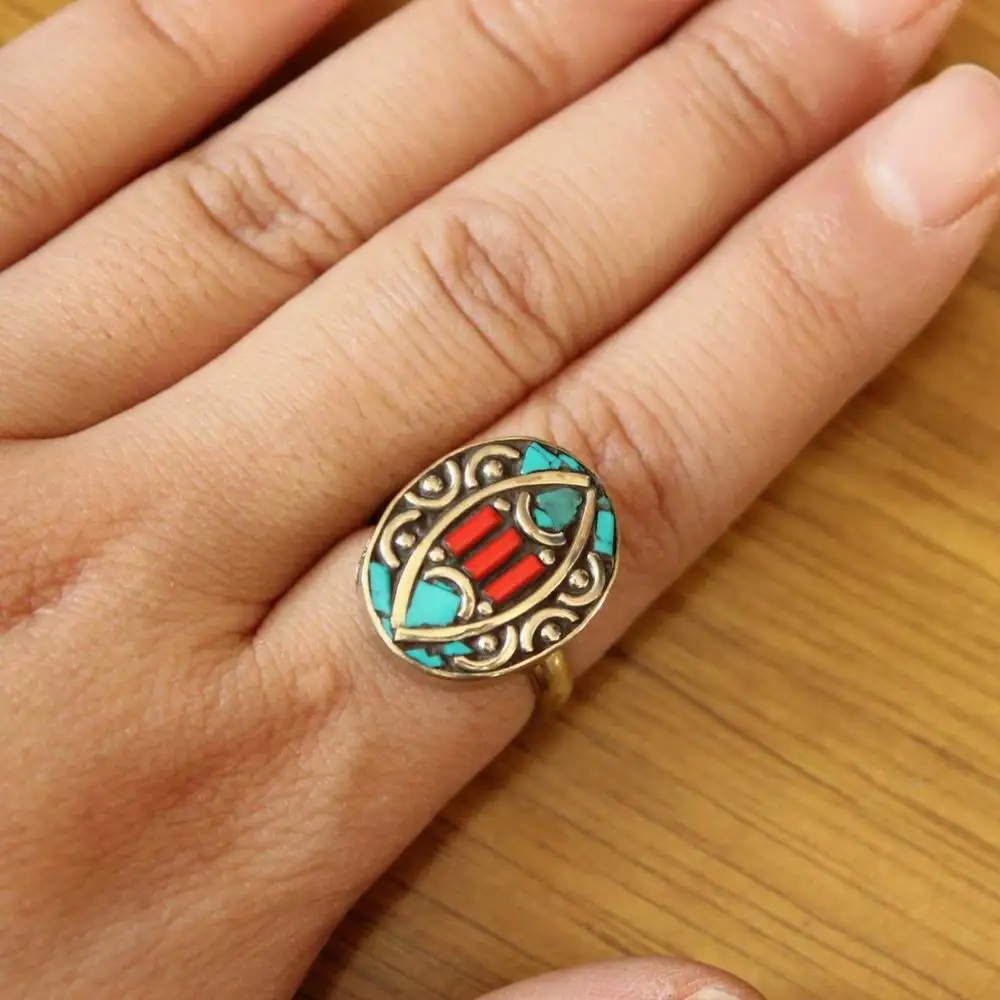 RG368 Ethnic Tibetan Rings Copper Inlaid Turquoises Coral Round or Oval Woman Open Back Adjustable Ring