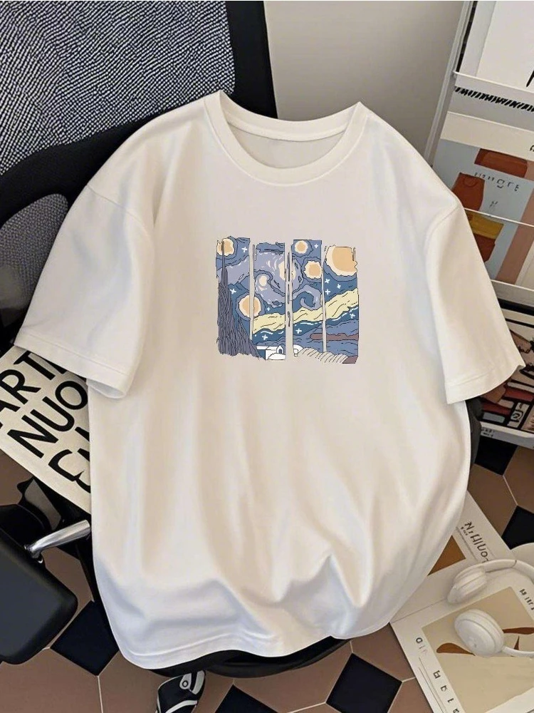 

Вдохновляющие цитаты с узором ночного неба, свободный топ в уличном стиле для женщин, мягкая и дышащая повседневная одежда, повседневная одежда с художественным принтом