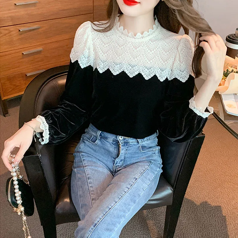 Stand Collar O Neck Lace Crochet Black Velvet Shirt Women Blusa Mujer Tops Chic Elegant Blouse for Women Clothes