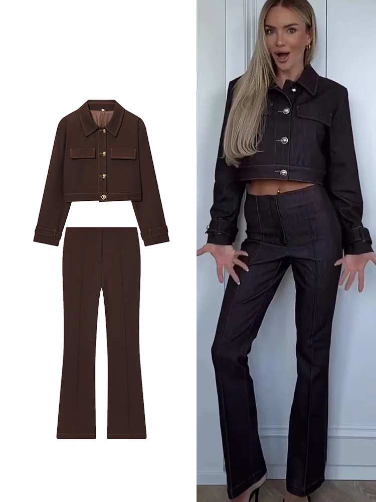 

TFMLN куртка-клеш, комплект брюк для женщин, модная верхняя одежда, однотонное утягивающее короткое пальто с карманами, брюки с высокой талией, женский шикарный наряд