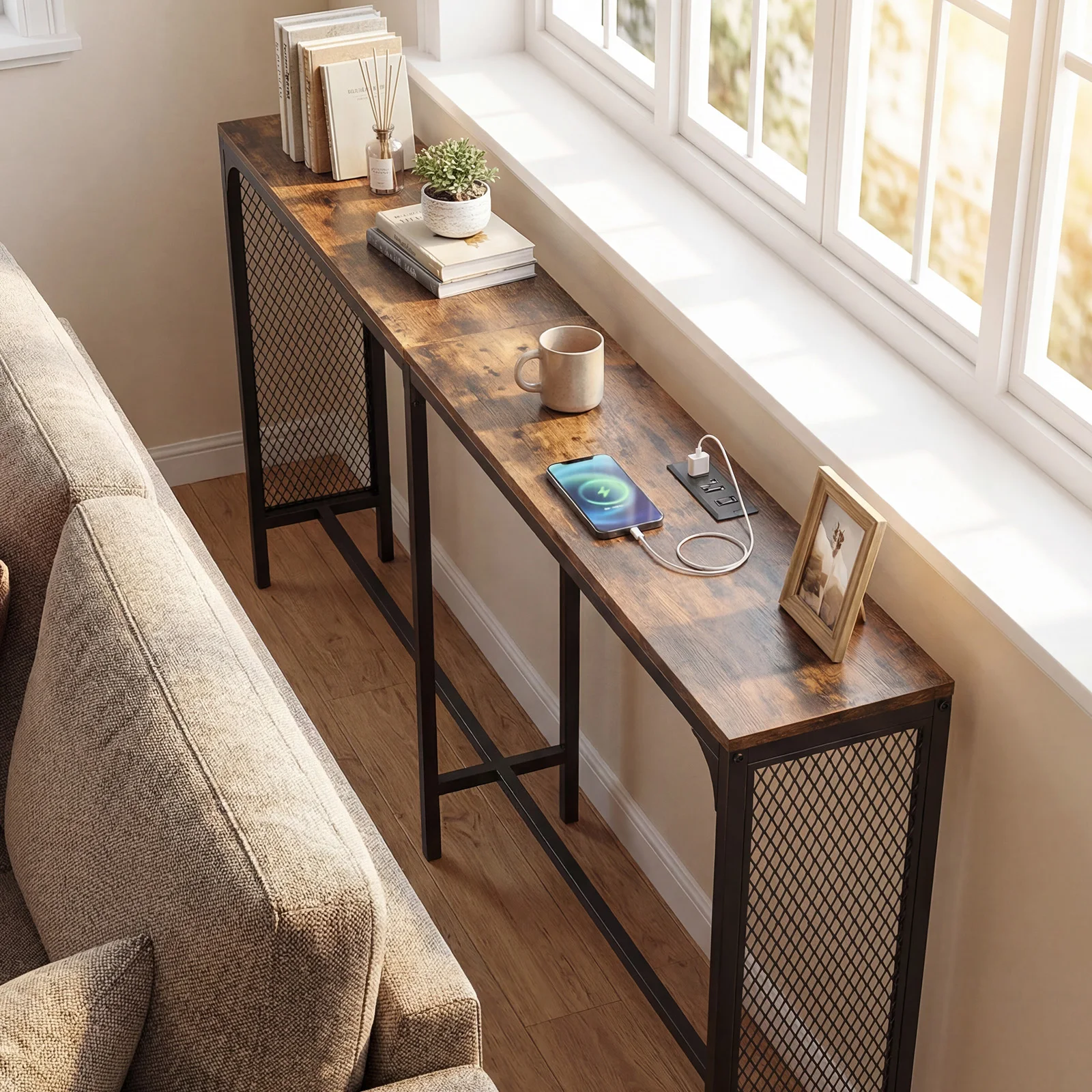 71” Console Table w/ Power Outlet, Metal Frame for Hallway Foyer Living Room