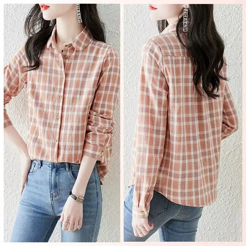 Casual Simplicity Lattice Blouse High-quality Long Sleeve Slim Autumn Office Polo Collar Dovetail All-match Lady Shirt 2023