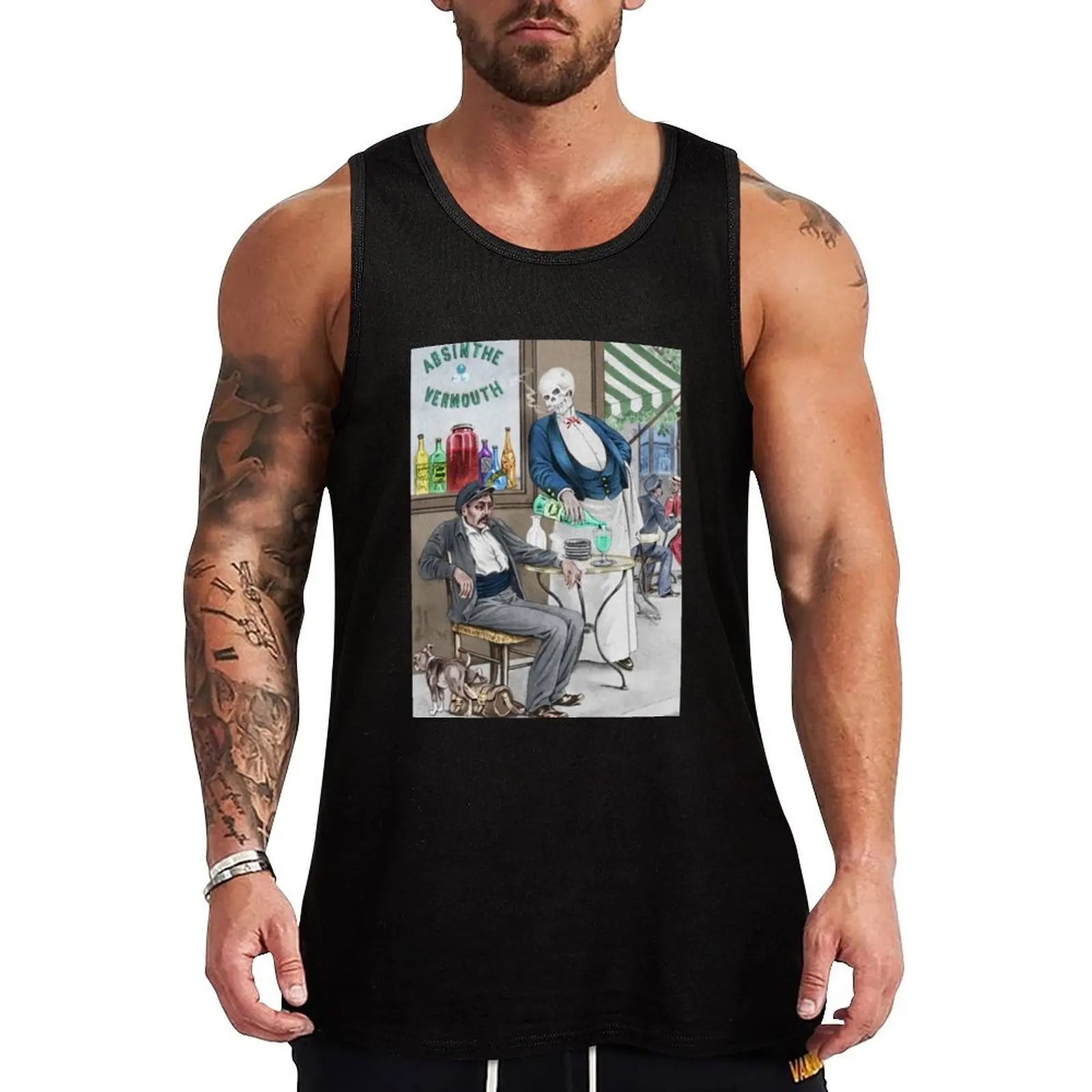 

1900 Absinthe Vermouth Aperitif Paris Cafe Black Death Skeleton Waiter Vintage Advertising Poster Tank Top gym shirts