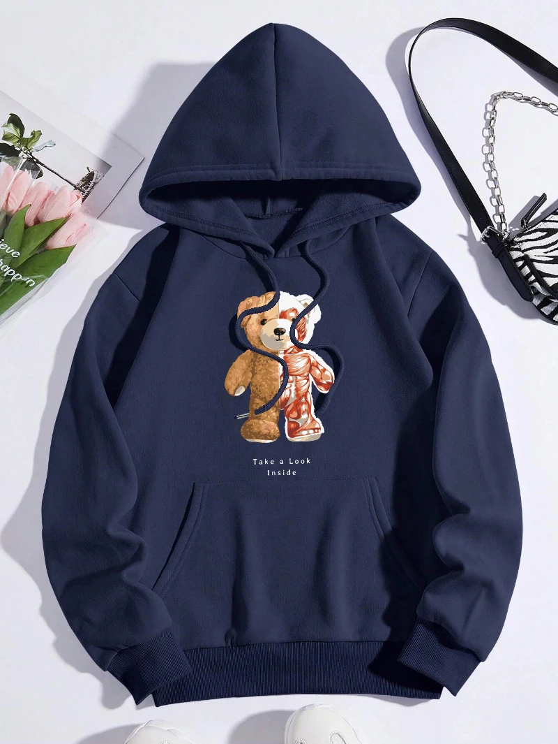 Muscle Bear Hoodie Womens Take A Look Inside Letter Printing Hooded Loose Fleece Warm Pocket Streetwear Casual Woman Clothes