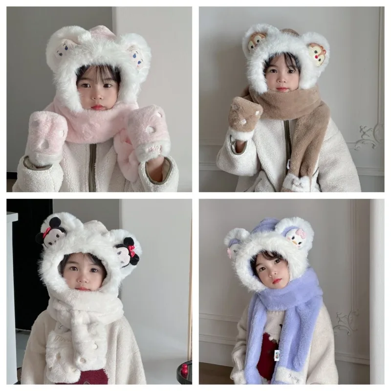 Bonnet et gants en peluche pour enfants, motif de dessin animé créatif, Disney Lotso Minnie Destroy AndrGoofy Dale Elsa, doux et mignon, écharpe tout en un