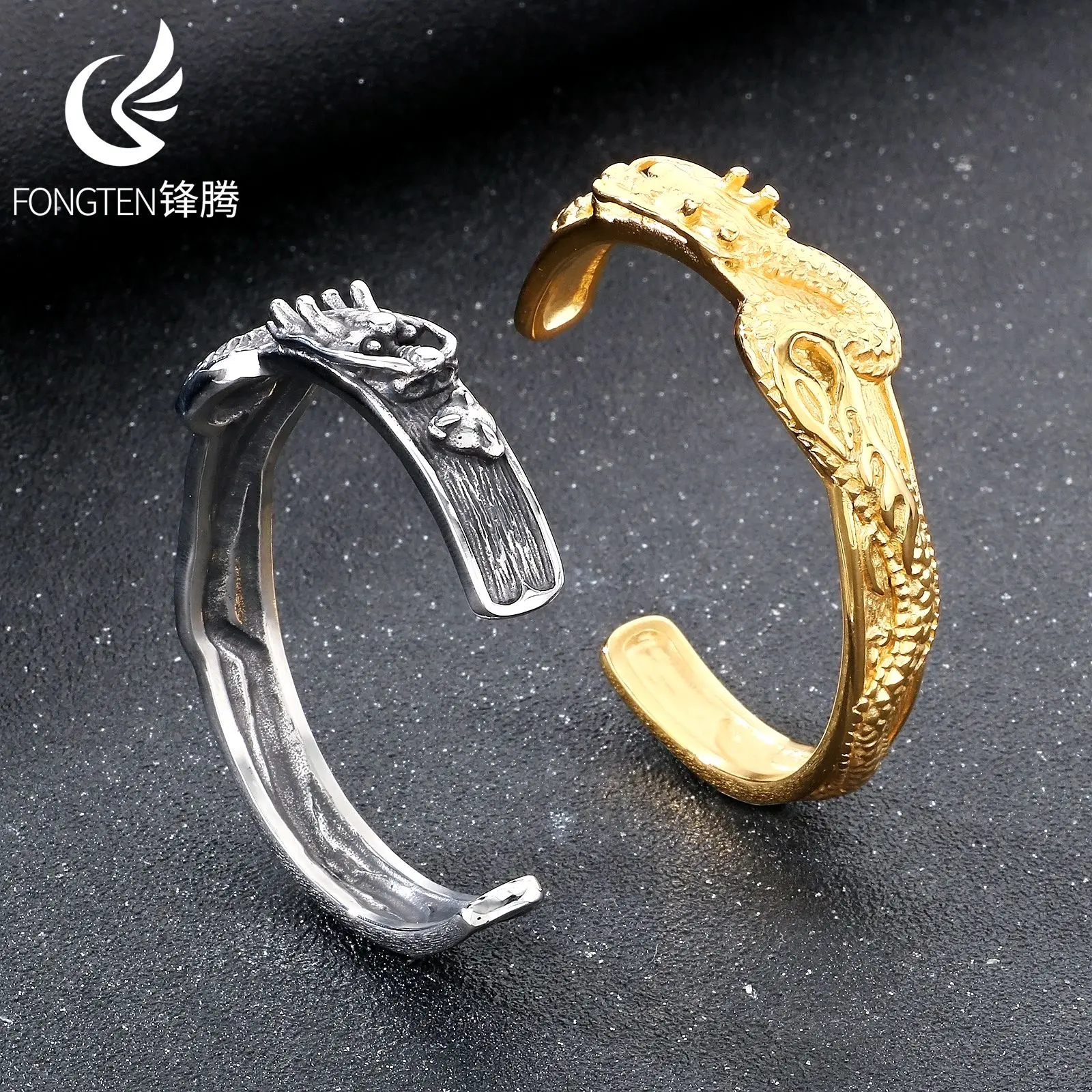 Fongten Male Stainless Steel Creative Carving Dragon Rhyme Opening Bracelet Viking Charm Men Punk Bangle Jewelry Gift Wholesale