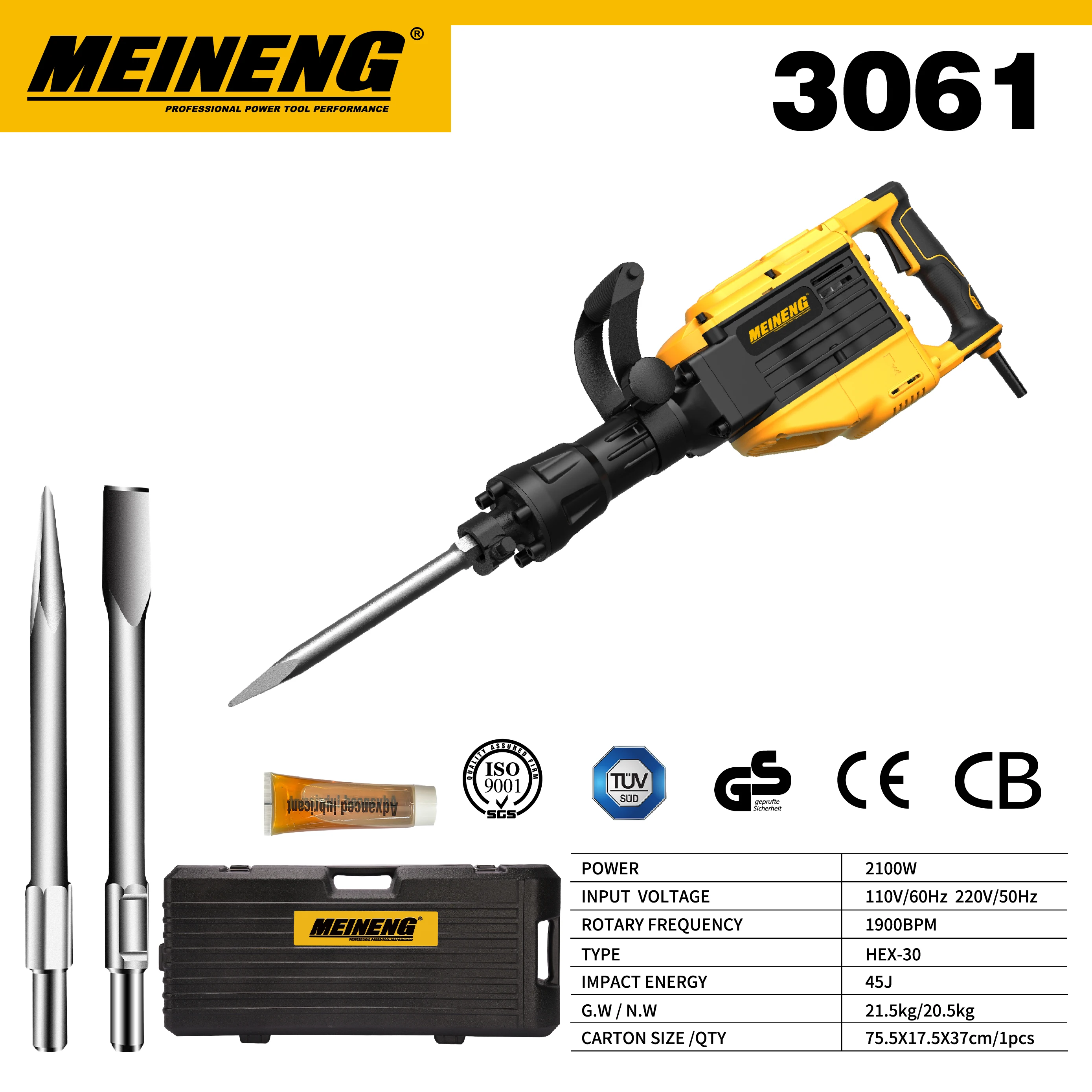 2100W High-Power Electric Demolition Hammer Hex Shank Concrete Breaker for Professional Construction Roadwork Renovation