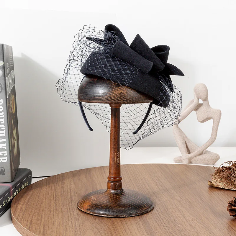 Women Winter Fascinator hat Round Pillbox Birdcage Veil Bow Wool  Headband Fascinator Weddings Ascot Races view 3