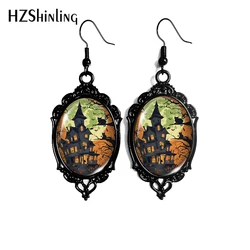 2024 New Halloween Haunted House Dangle Earring Black Lace Earrings Oval Glass Photo Jewelry Gifts Party