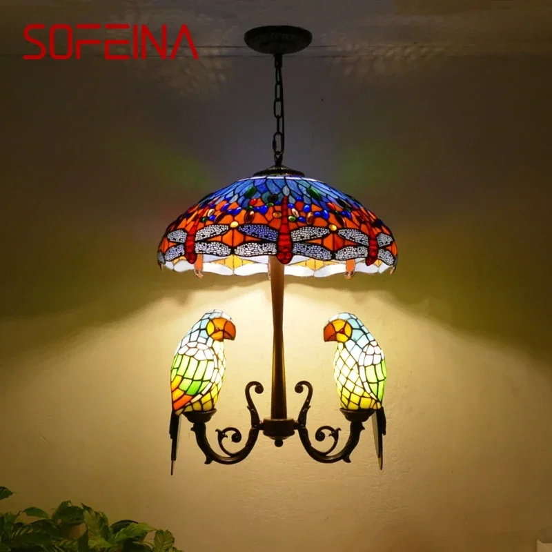 SOFEINA Tiffany Parrot Chandelier Vintage Creative Color Glass Living Room restaurant Bedroom Hotel Corridor Pendant Lamp