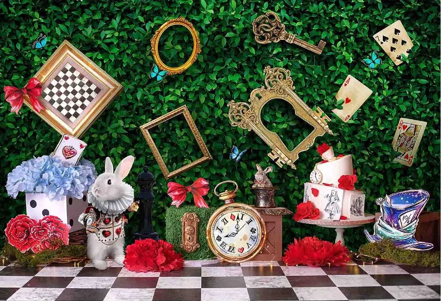 Alice in Wonderland Enchanted Tea Party Backdrop Kids Fairy Tale Green Grass Birthday Background Checkerboard Rabbit Photo Props