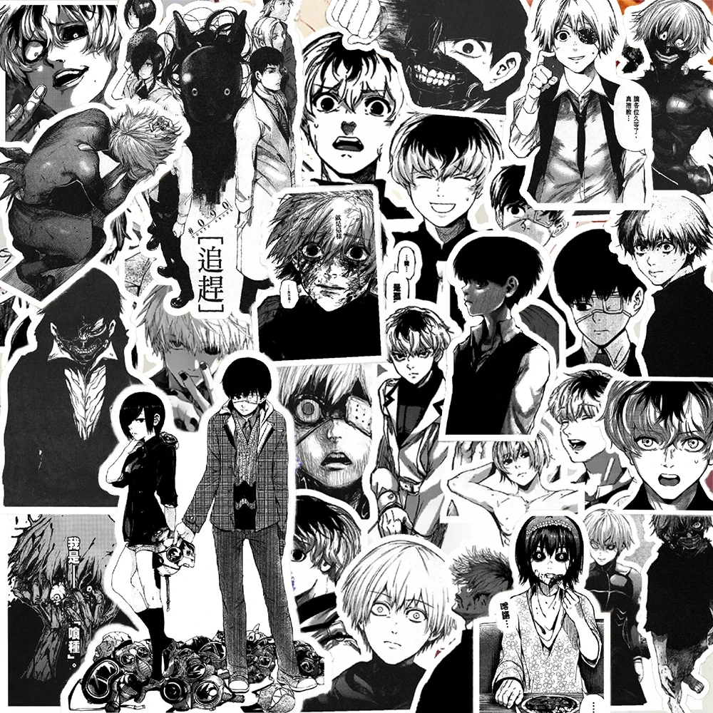 10/30/67 Uds. Adhesivos geniales de Kaneki Ken del anime Tokyo Ghoul, pegatinas DIY para cuaderno, motocicleta, portátil, papelería, decoración de pegatinas de manga en blanco y negro