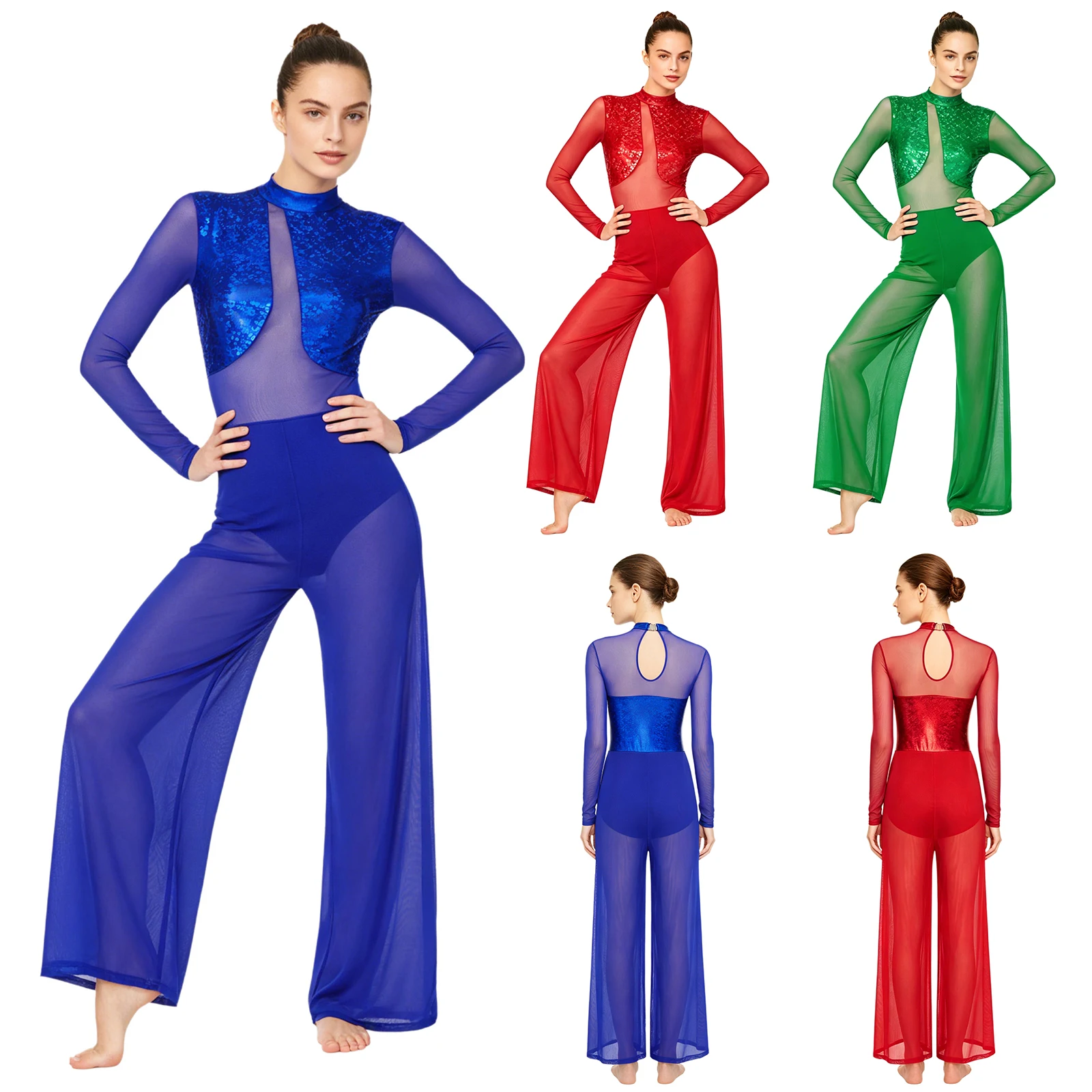 女性モダンリリカルダンス体操スケートジャンプスーツメタリック光沢のある薄手のメッシュ長袖ボディスーツ内蔵ブリーフダンスウェア