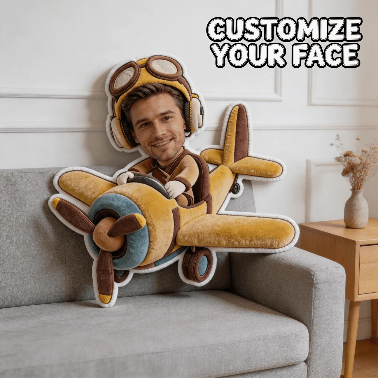 Custom Personalized Photo Face Pillow, Pilot Airplane Shaped Decorative Cushion, Unique 70cm Home Decor Accent for Sofa & Bedroo