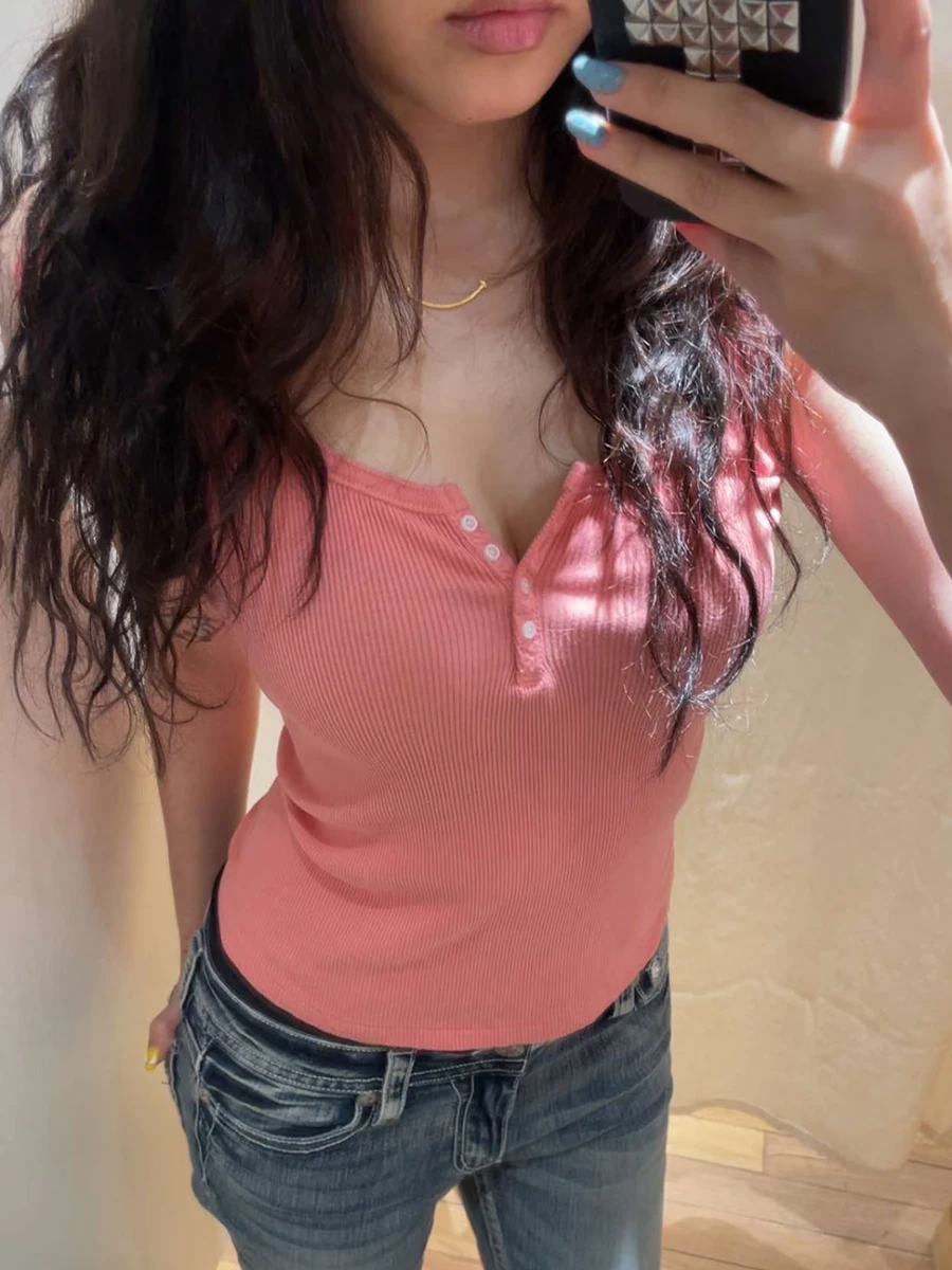 New Ribbed Buttons Slim Tank Tops Women Summer U Collar Cotton Sleeveless Vest Vintage Solid Sweet Basic Camisole Coral Red Tops