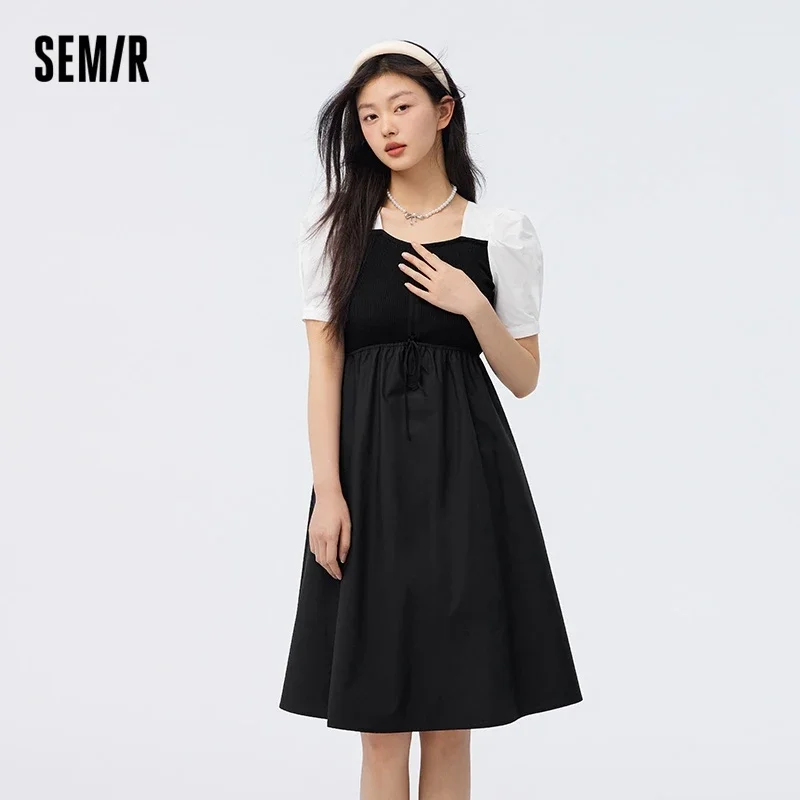 Semir Dress Women Square Neck 2024 Summer New Slim Fit Panel Black Dress