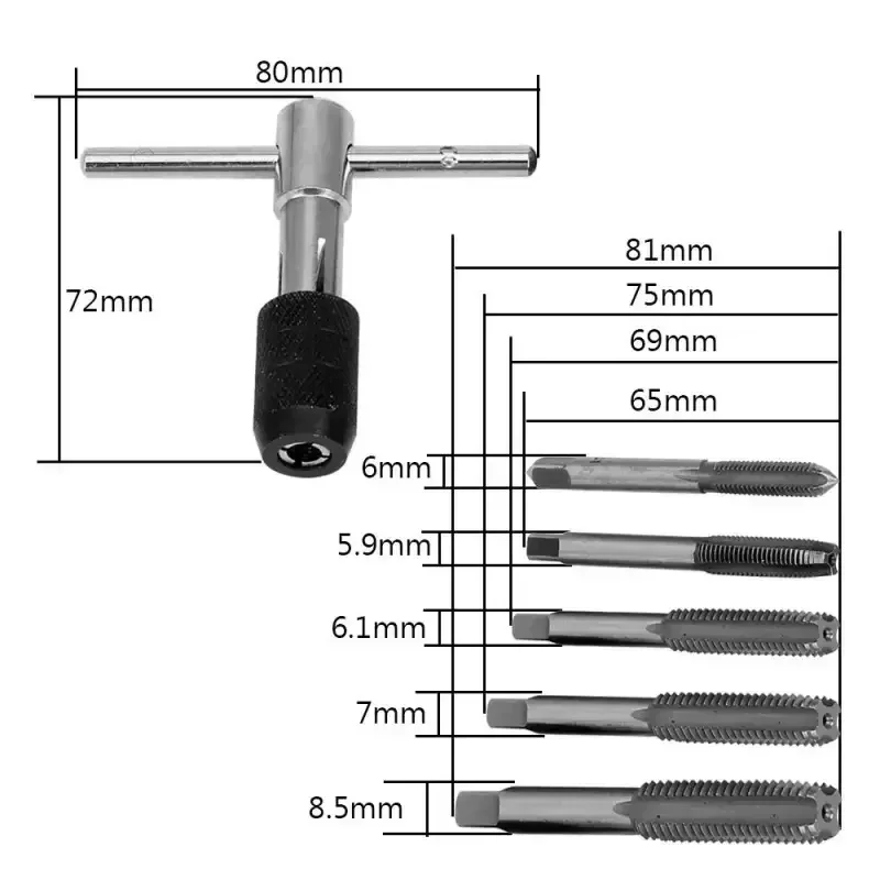 6PCS Thread Drill Bit Manual Tapping Wrench T-shaped Handle Adjustable M3-M8 Set Household Hardware Tool Accessory Combination