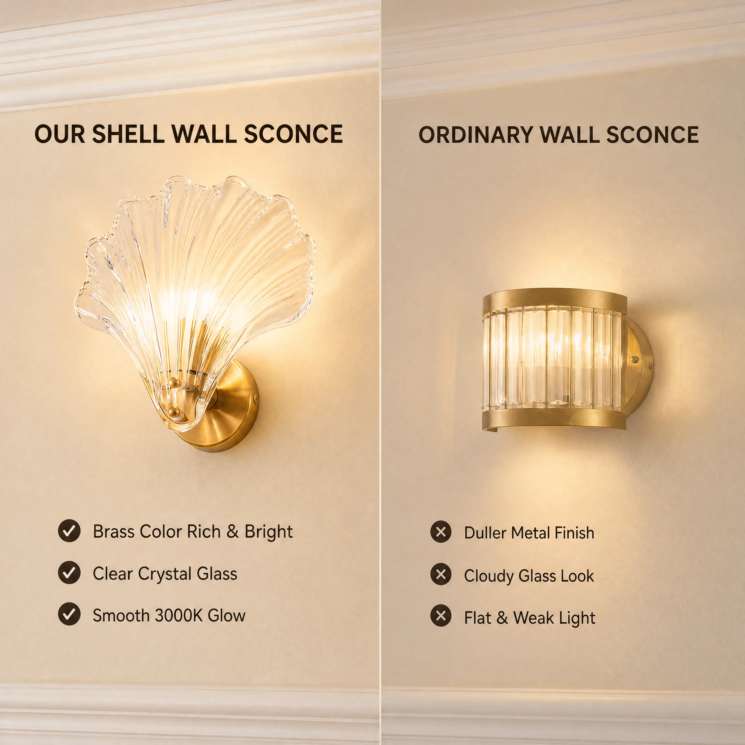Gold Brass Shell Glass Wall Sconce Vintage K9 Crystal Wall Light Fixture for Bathroom Vanity Bedroom Hallway Home Decor