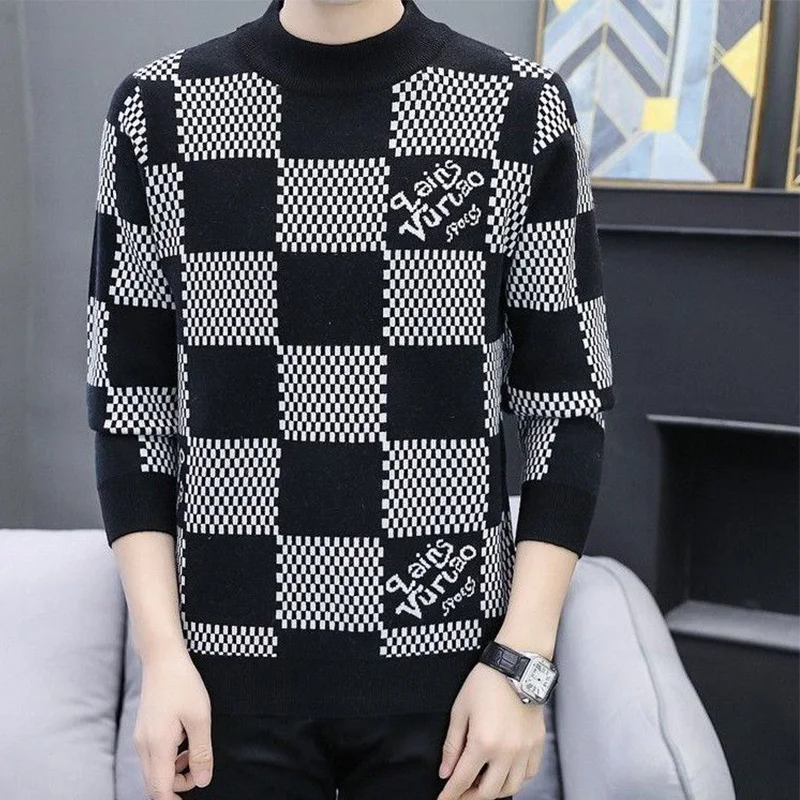 Korean 2023 New Autumn Winter Plaid Sweatshirts Men Fashion Trend Printing Bottoming Shirt Men\'s Clothing All-match O-neck Tops