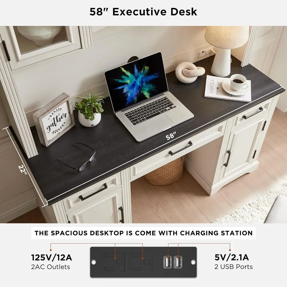 76 Farmhouse Style Computer Desk with Hutch, Charging Station, Drawers, and Storage, Off-White Office Workstation，Customized
