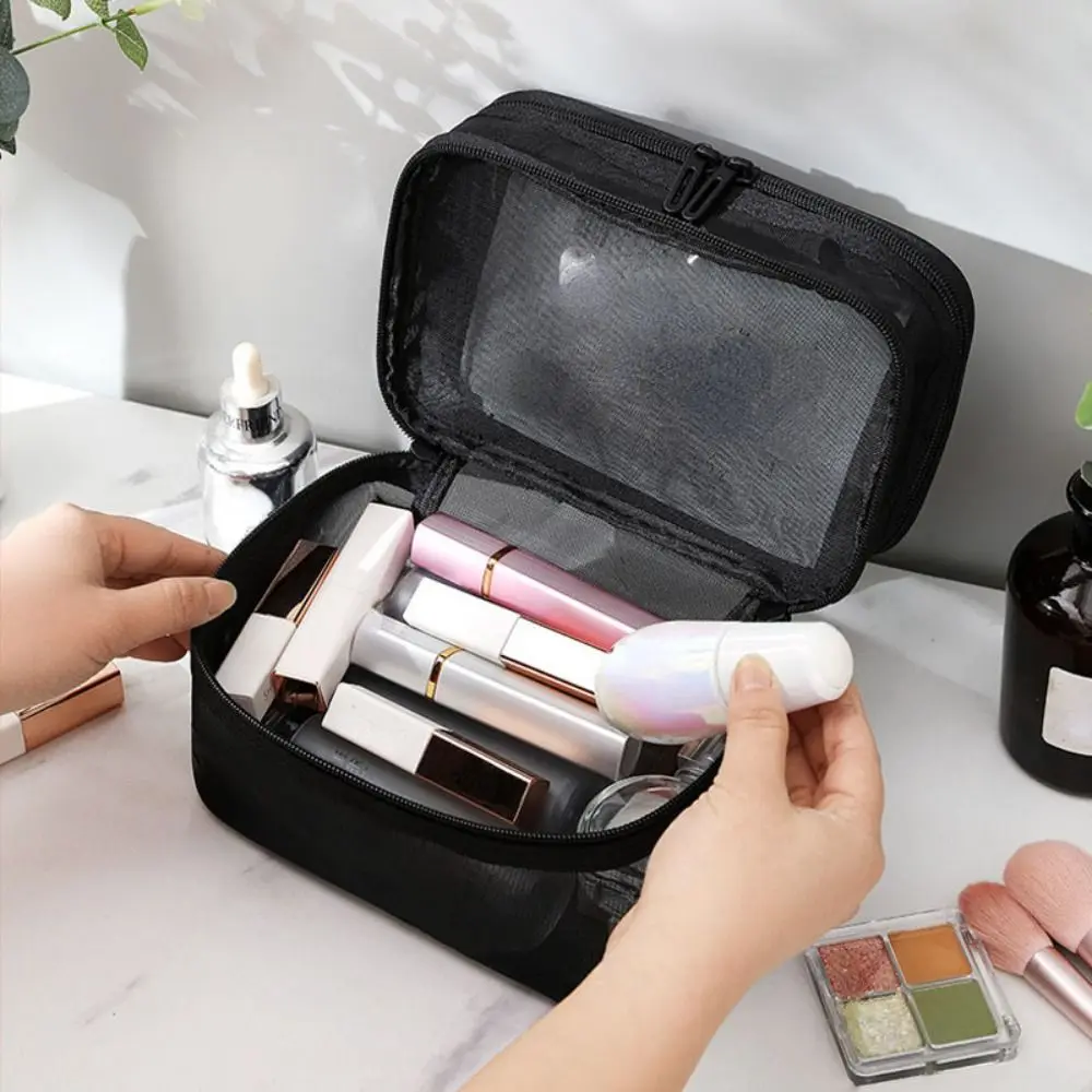 

Portable Double-layers Makeup Handbag Large-Capacity Mesh Makeup Case Organizer Storage Pouch Zipper Toiletry Bags Travel