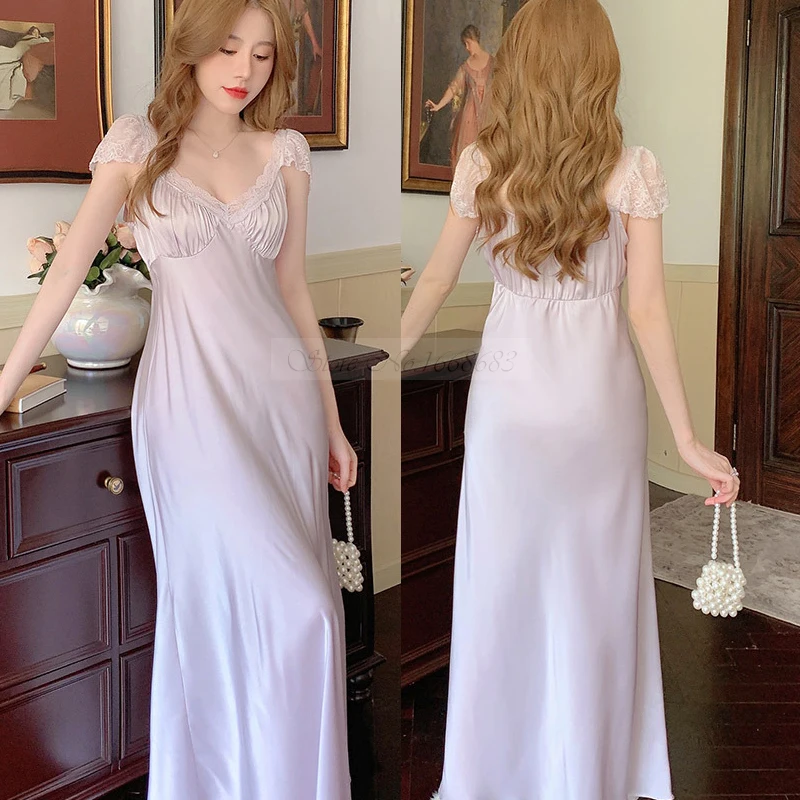 Sexy Deep V Neck Long Nightdress Sleepwear Elegant French Court Style Nightgown Casual Loose Thin Soft Satin Home Dress Bathrobe