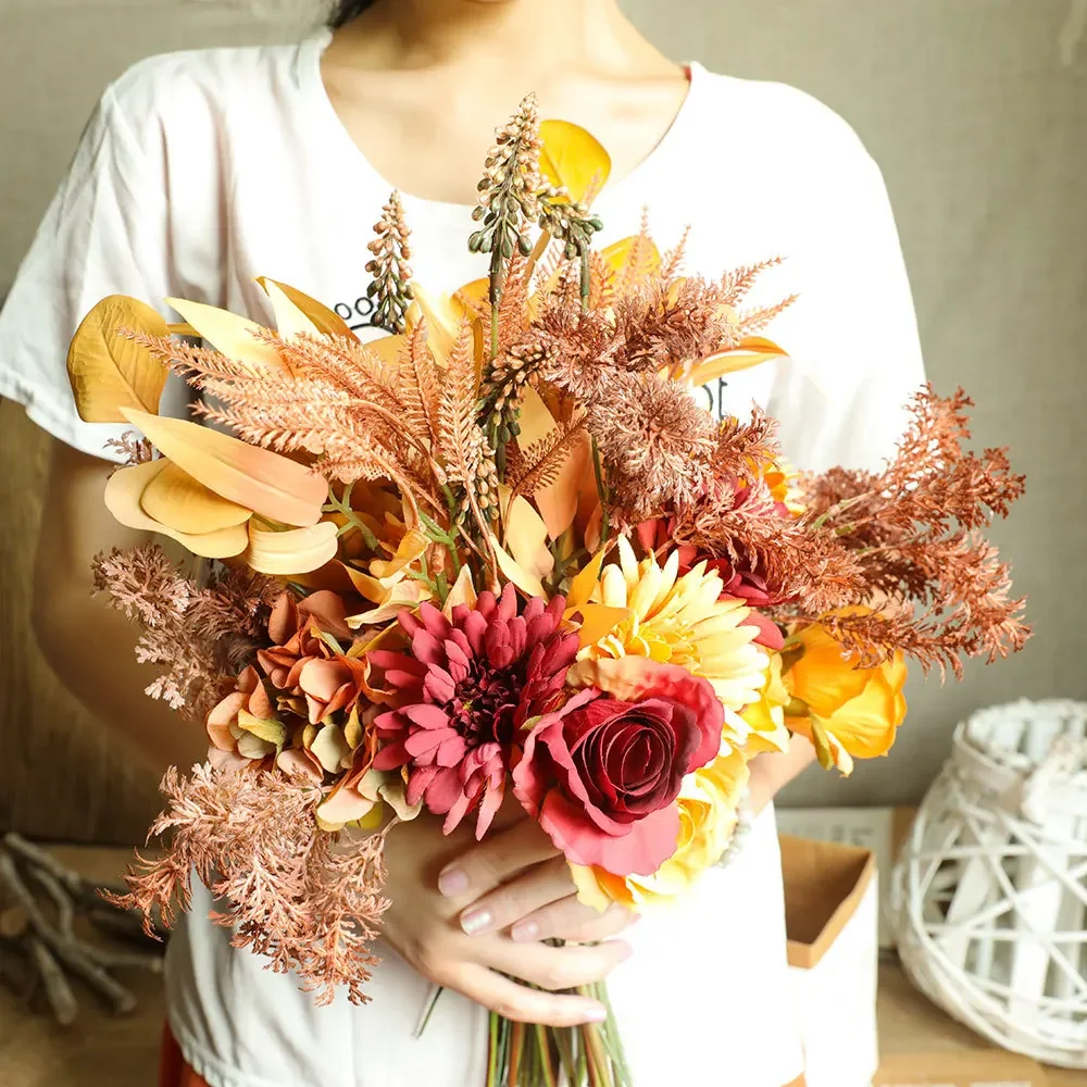 

False Rose Dandelion Artificial Flower Bunch, Gerbera Daisy, Family Wedding Decoration, High Quality, Autumn