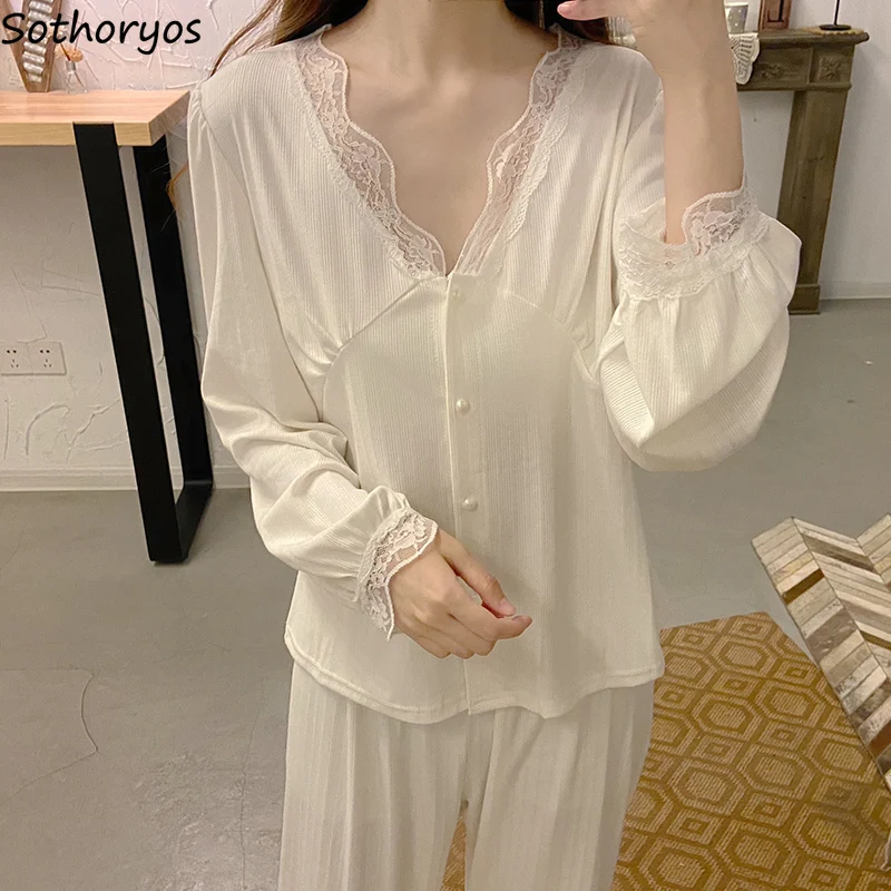 

Autumn V-neck Pajama Sets Women Lace Sexy Long Sleeve Loose Pyjamas Elegant Princess Loungewear Solid Thin Breathable Sleepwear