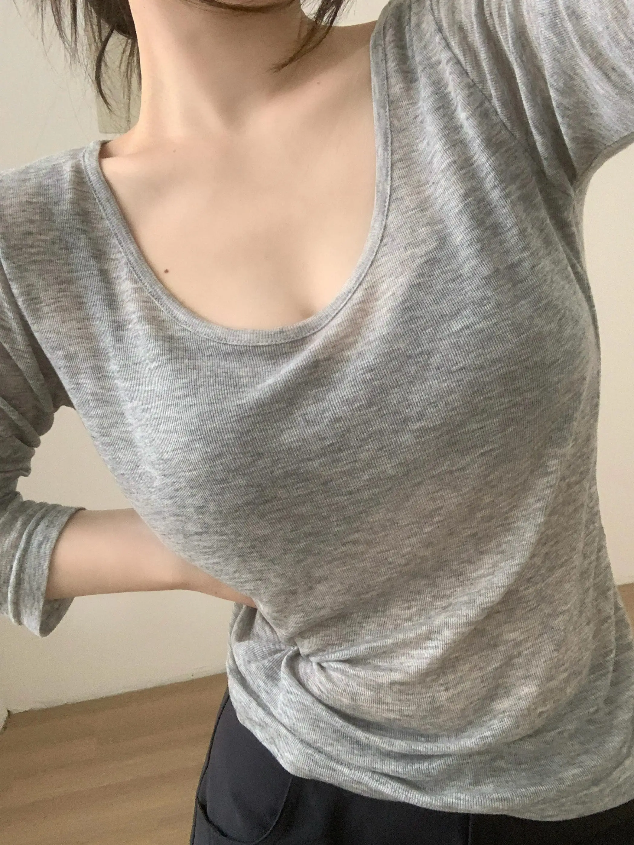 

Футболка Long Sve из чистого хлопка, свободная посадка, легкая, дышащая, большая, U-Ne, прозрачная, сексуальная, базовый слой, для поездок на работу, слэ