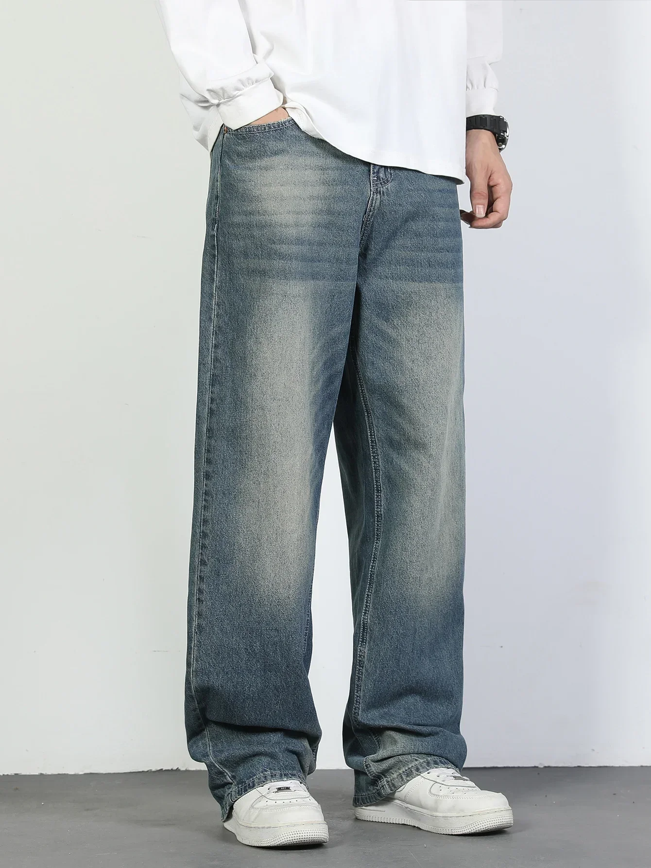 

Men's Wide-Leg Loose-Fit Relaxed Non-Stretch Cotton Fashion Causal Denim Pants Jeans with Star Color Block