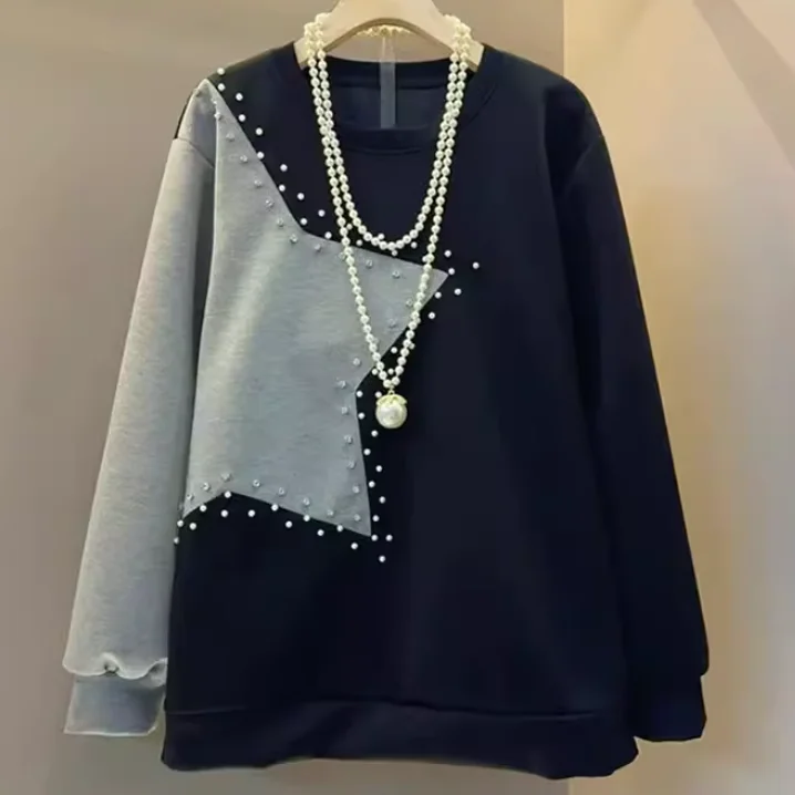 Pull à manches longues pour femme, col rond, taille grande, printemps-automne, doux, perlé, tendance, ample, style coréen, polyvalent, haut de loisirs