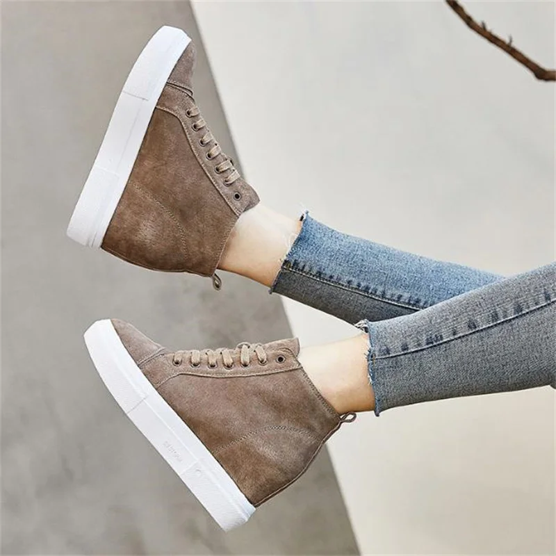 8cm Genuine Leather Suede Platform Wedge Women Fashion Chunky Sneakers Spring Autumn Casual Hidden Vulcanized shoes 34 39