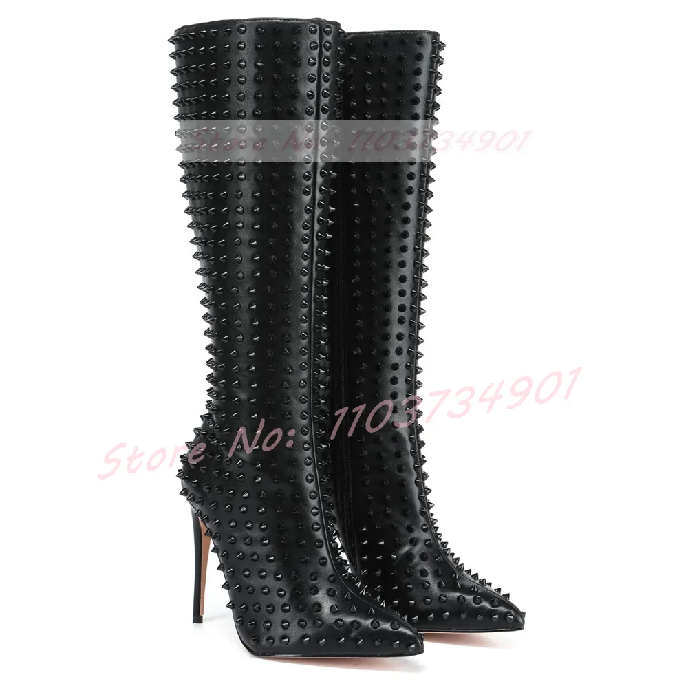 Rivets Pointed Toe Zipper Boots Women Nightclub Punk Thin High Heels Knee Length Boots Ladies Sexy Fashion Big Size Black Shoes