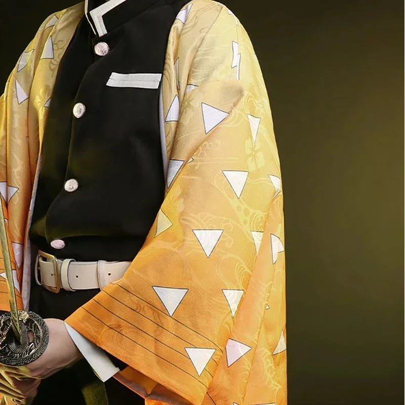 Dd12anime demon slayer agatsuma zenitsu cosplay traje kimetsu não yaiba quimono uniforme terno manto roupas de festa halloween costu