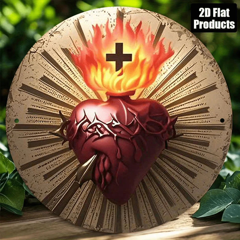 2D Vintage Metal Sign, Sacred Heart of Jesus Crown of Thorns Flames Wall Art, Aluminum Round Plaque for Living Room Bedroom Offi