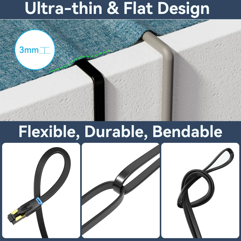 Vention New! Flat CAT8 Ethernet Cable 40Gbps 2000MHz Double Shield Starlink Networking Internet RJ45 for PC Modem Router Laptop