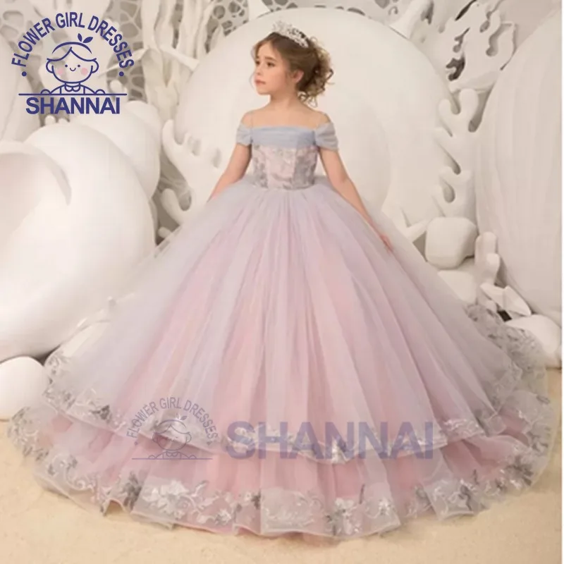 2023 Elegance Off The Shoulder Fluffy Flower Girl Dresses for Weddings Applique Ruffles Toddler Pageant Dress Kids 1-14 Years