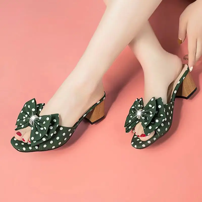 2024 New Women\'s 2024 Summer One Word Bow High Heels Casual Sandals Soft Sole Non Slip Polka Dot Outdoor Slippers Sandals