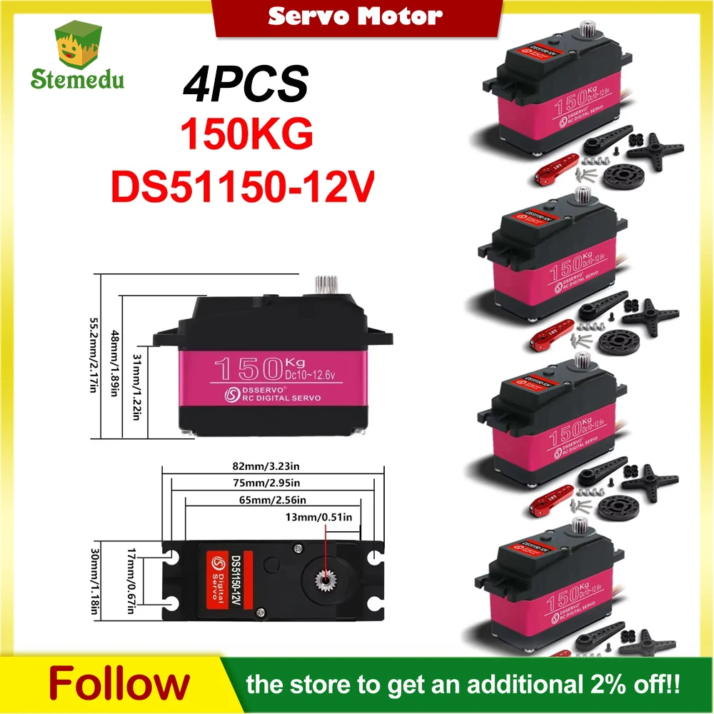 

4PCS DS51150 150KG HV 12V RC Servo - 1/5 Scale 18T Stainless Steel Gear Large Torque Servo for Redcat/HPI Baja 5B SS