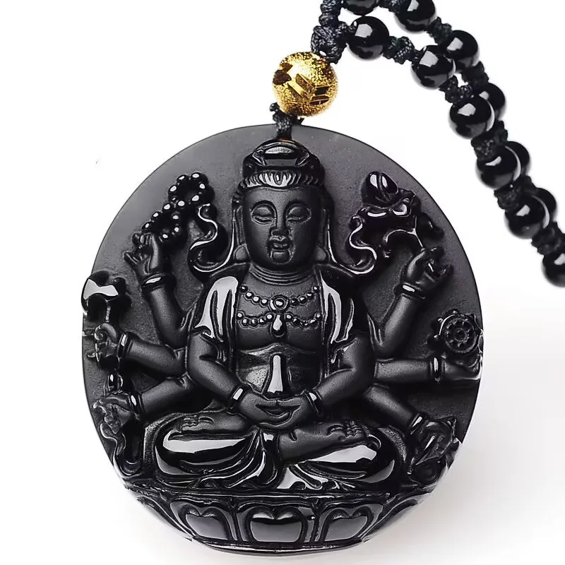Black Thousand Hands Guanyin Jade Pendant Necklace Natural Obsidian Guanyin Buddha Pendant Buddhist Amulet