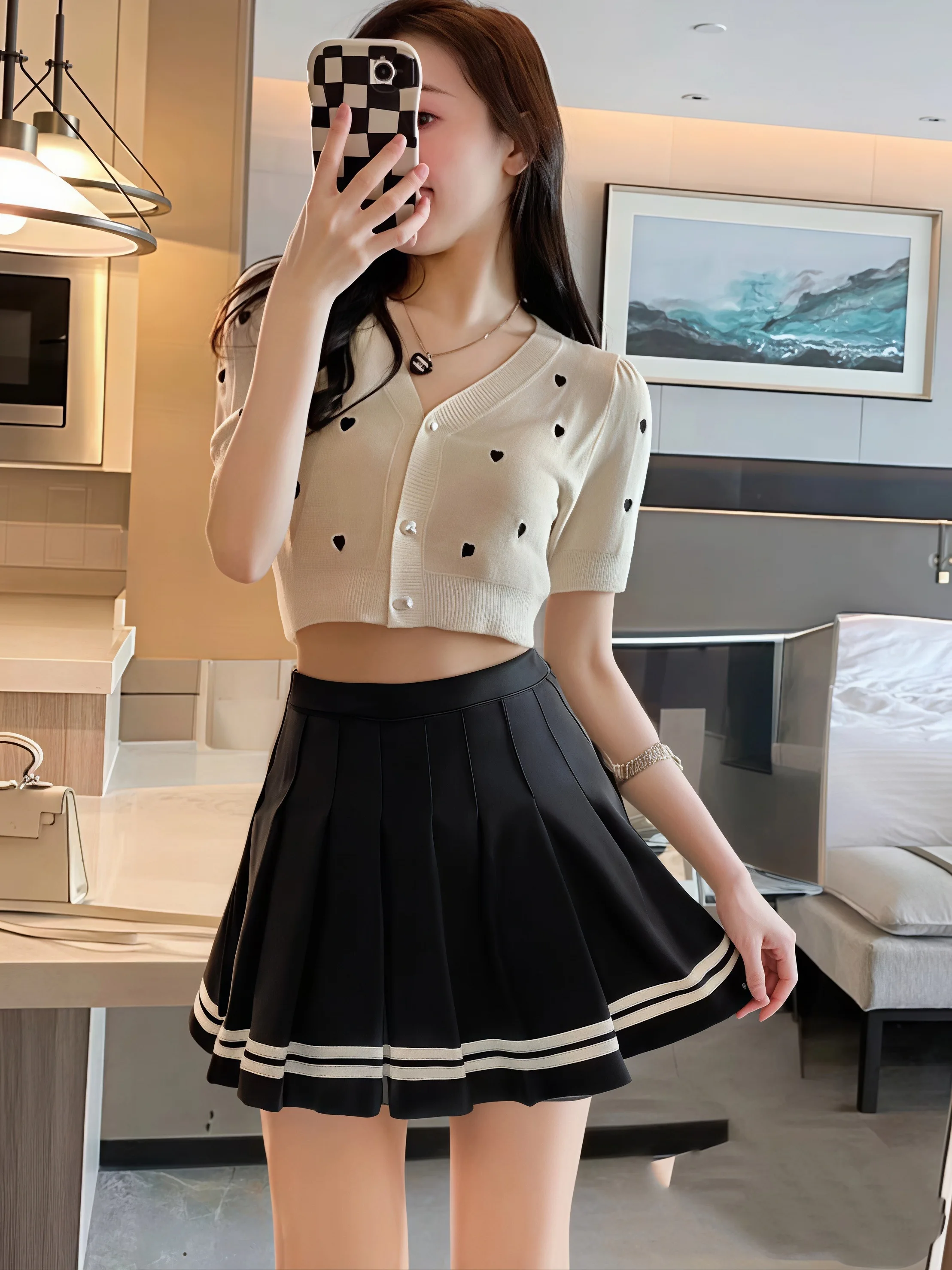Damen-Minirock mit hoher Taille, plissiert, schwarz, gestreifter Saum, A-Linie, Preppy-Stil, JK-Uniform, kurzer Rock mit Innenhose – Detail 7