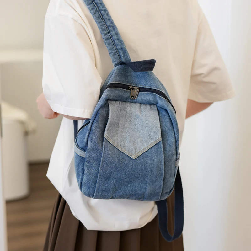 New Jeans Women's Backpack Canvas Shoulders Bag Patchwork Denim Knapsack Packbag Vintage Rucksack Student Mochila Y2K Bookbag