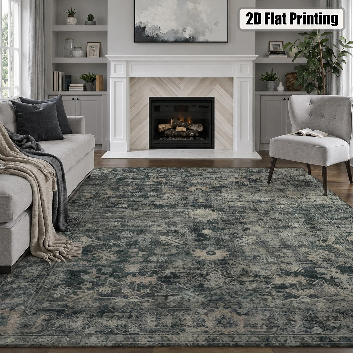Large Indoor Area Rug, Soft Velvet Low Pile, Non-slip Dotted Backing, Machine Washable Vintage Distressed Oriental Pattern Rug for Living Room, Bedroom Muted Gray Home Floor Accent - view 5