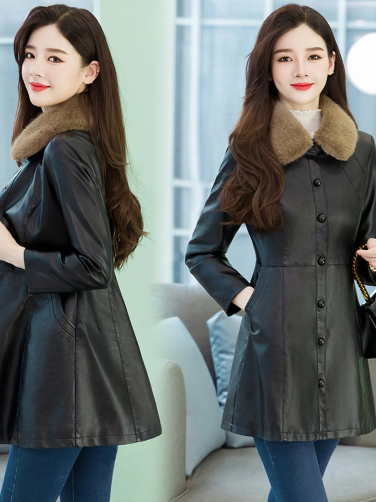 

Женская зимняя одежда Thiened Fce Leather Jaet, новинка 2025, модный повседневный теплый топ средней длины из искусственного материала Long Sve