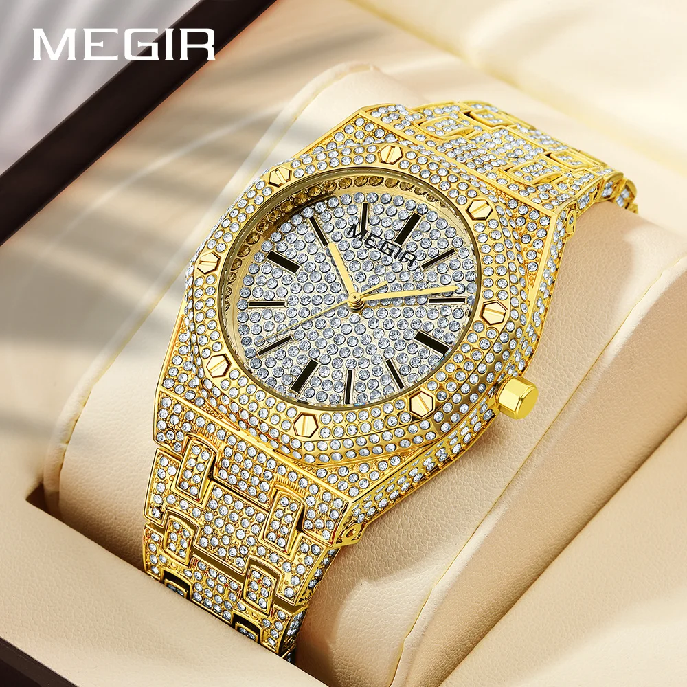 Full Diamond Square Quartz Watch for Men Women Luxurious Stainless Steel Strap Rhinestone Studded Dial