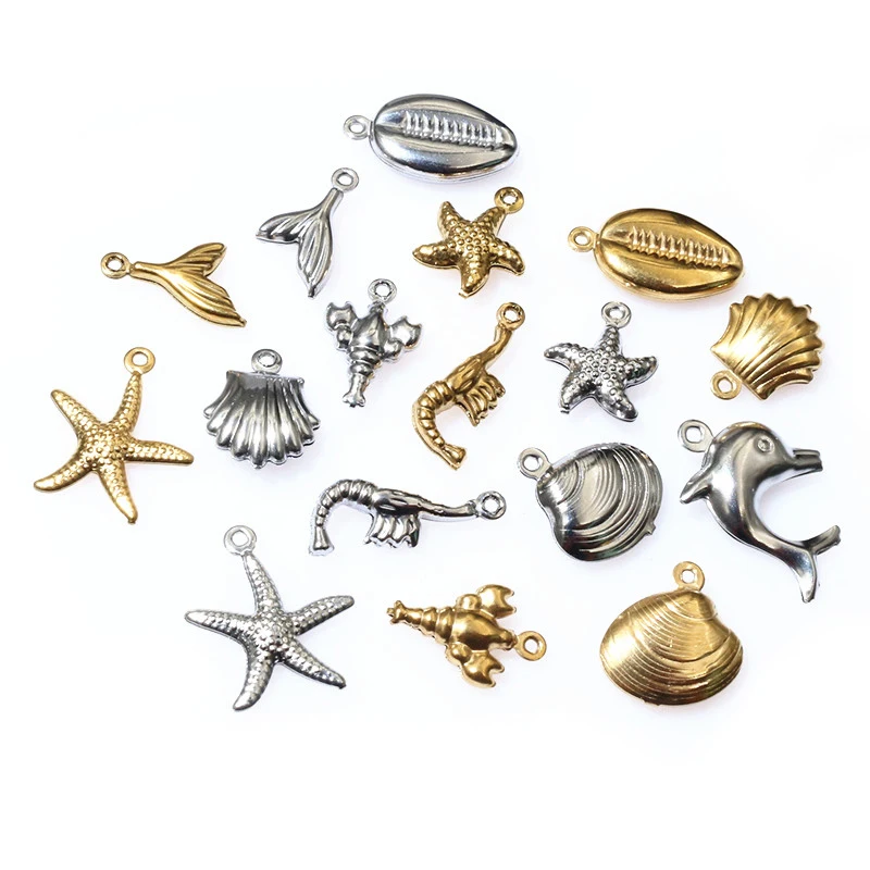 20 unidades de acero inoxidable Shell estrella de mar langosta colgante PVD chapado en oro artesanía collar pulsera pendientes DIY Accesorios