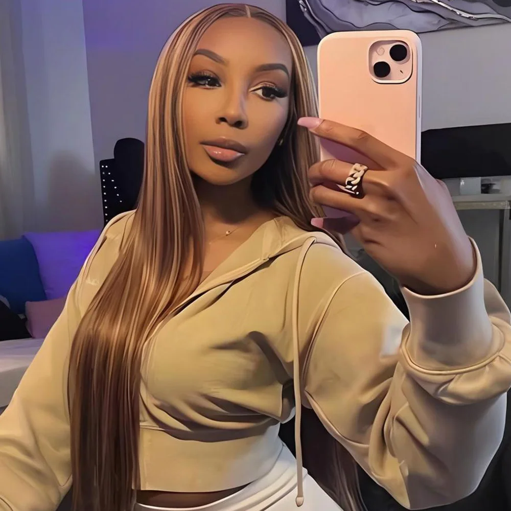 

220% Density Highlight Omber Bone Straight Human Hair Wig P4/27 Honey Blonde 13x6 HD Lace Frontal Colored Brazilian Wigs 46 Inch