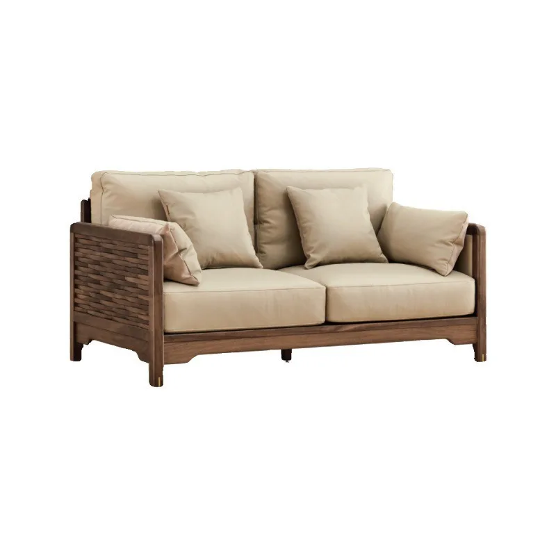 North American black walnut solid wood sofa, new Chinese leather living room combination modern simple three-person small